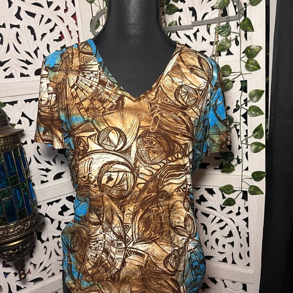 Peter Nygard Brown and Blue Abstract Short Sleeve Top - Picture 1 of 3